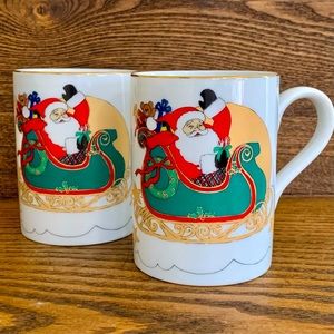 Vintage Otagiri JAPAN Christmas Holiday Santa in Sleigh Coffee Mugs (Pair) 1970s